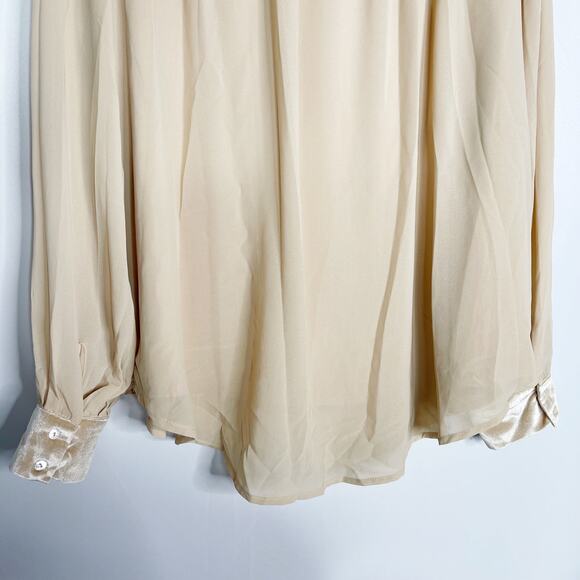 New Doe & Rae Large L Cream Pink Velvet Trim Pleated Long Sleeve Blouse Top - Picture 10 of 13